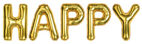 Happy Balloons. Happy Birthday celebration. Yellow Gold foil helium balloon. Words good for party, birthday, greeting card, events. English Alphabet Letters. Isolated white background. - Photo, Image