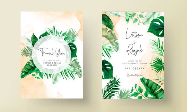 Elegant wedding invitation card with green tropical watercolor - Vector, Image