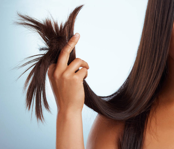 Tuntematon sekarotuinen nainen pitelee epäterveitä hiuksiaan harmaalla pohjalla. Latino naaraat kädet pitämällä hänen split päät. - Valokuva, kuva