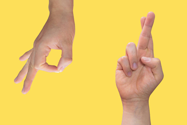 Two white hands making different shapes on a yellow background - Фото, изображение