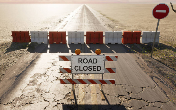 Estrada fechado sinal em uma estrada reta no deserto para o infinito, ilustração 3D. - Foto, Imagem
