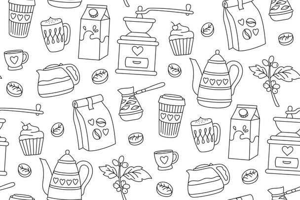 Kahvi aamiainen doodle saumaton kuvio. Sarjakuva cup juoda, pavut ja cezve potin. Cappuccino espresso muki rajaton koriste. Lineaarinen vektori loputon suunnittelu paperi leikekirja kahvila menu - Vektori, kuva