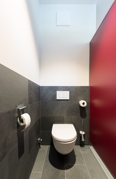 Moderne Toilettenschüssel mit dunkelgrauen Schieferfliesen - Foto, Bild