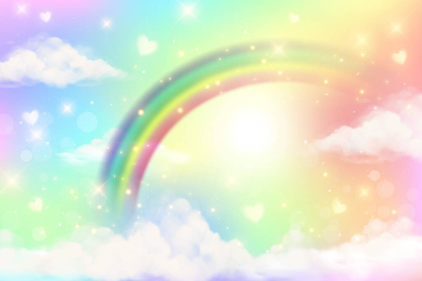 Fondo de arco iris abstracto con nubes y estrellas en el cielo. Papel pintado de unicornio de fantasía color pastel. Lindo paisaje. Ilustración vectorial - Vector, Imagen