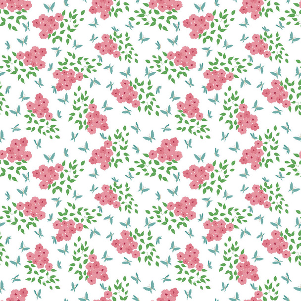 Tiny vector butterfly garden repeat pattern. Pink flowers with blue butterflies and white background. Cute girly fabric pattern. Surface pattern design great for all uses - Vector, Image