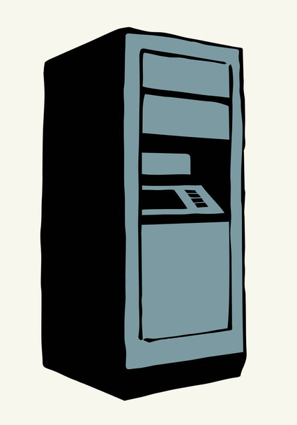 Веб-лінія магазину кредит дисплей банкомат кіоск штифт-код ключ пристрій на білому папері. Контурна чорна рука намальована заробляти долар монітор зарплати логотип знак концепції ескіз в стилі графічного мультфільму
 - Вектор, зображення