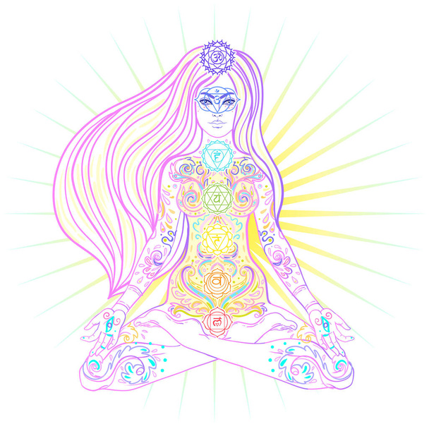 Young woman in lotus position. Chakras concept. Person doing yoga, decorative mandala round pattern. Flower of Life. Alchemy, philosophy, spirituality. Vector illustration. - Vektor, Bild