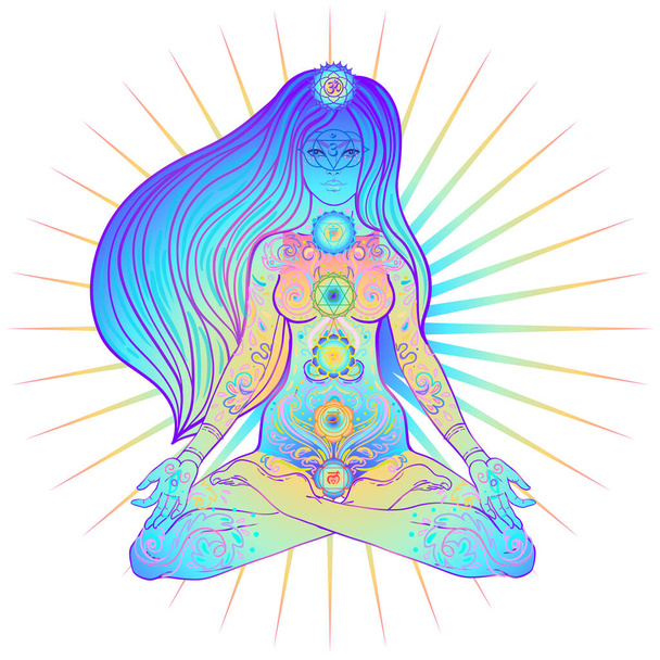 Young woman in lotus position. Chakras concept. Person doing yoga, decorative mandala round pattern. Flower of Life. Alchemy, philosophy, spirituality. Vector illustration. - Vektör, Görsel