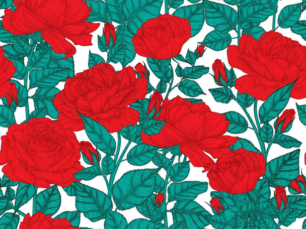  Seamless vector garden pattern of graphic linear red roses in engraving style - Vetor, Imagem