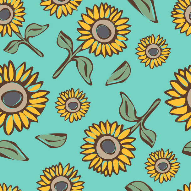 Seamless vector pattern with hand drawn sunflowers on blue background. Bohemian floral wallpaper design. Decorative summer flower fashion textile. - Vetor, Imagem