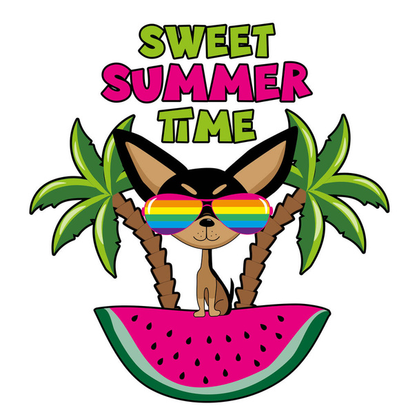 Sweet Summer Time - смешная собака чихуахуа на арбузном острове. Хорошо подходит для печати футболки, плаката, открытки, этикетки и других украшений. - Вектор,изображение
