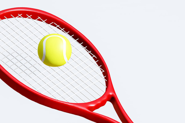 Закрыть теннисную ракетку и мяч для теннисных соревнований изолированы на белом фоне, с вырезкой пути, иллюстрация 3D рендеринг - Фото, изображение