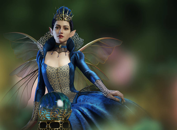 3d computer graphics of a fairy in blue velvet dress and with crystal ball - Foto, Imagen