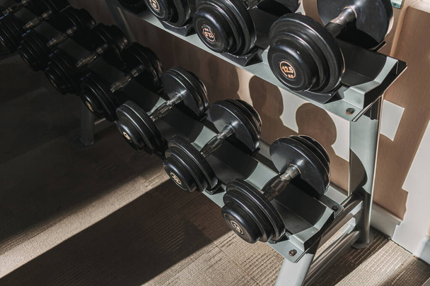 Black dumbbells on metal racks in the gym. - Foto, Imagem