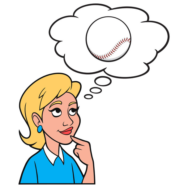 Tyttö ajattelee Baseball - Sarjakuva kuva tyttö ajatellut pelaa softball. - Vektori, kuva