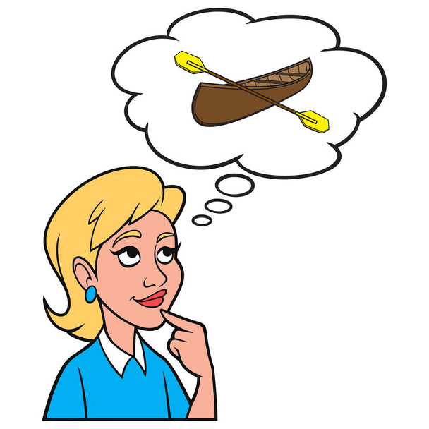 Menina pensando em uma canoa e pás - Uma ilustração dos desenhos animados de uma menina pensando em uma canoa e pás. - Vetor, Imagem