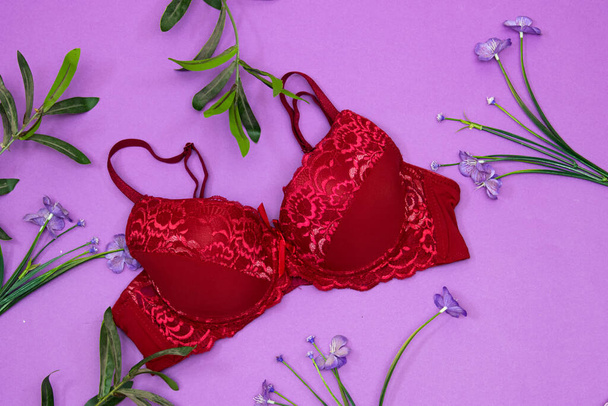 elegante rode kanten beha en bloemen op paarse achtergrond. Stijlvolle lingerie platte lay - Foto, afbeelding