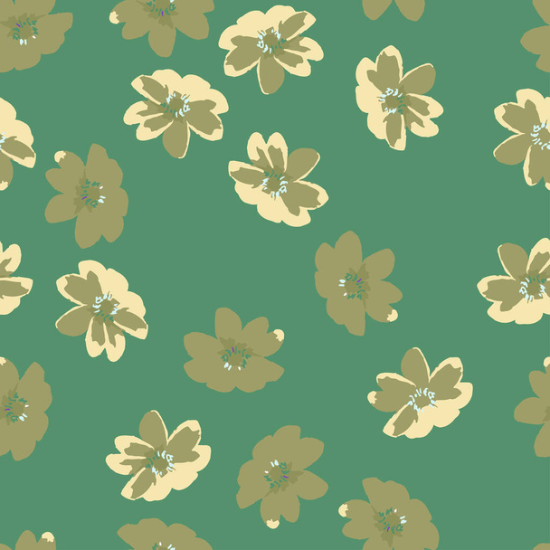 patrón de flor diminuta abstracta sin costuras sobre fondo verde, tarjeta de felicitación o tela - Vector, Imagen