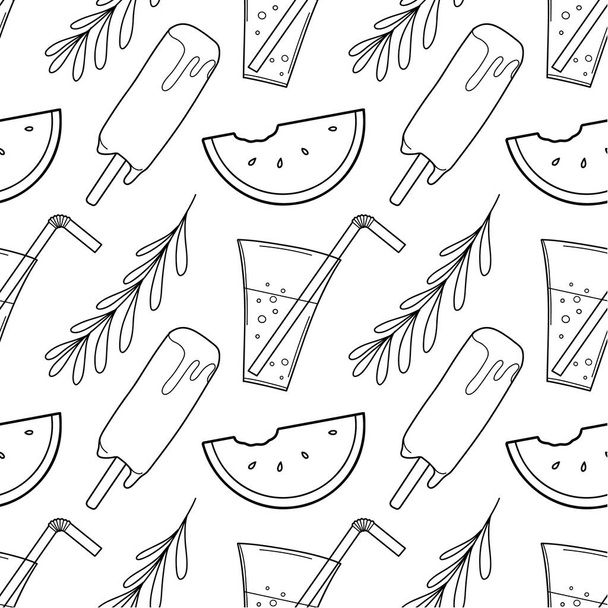 contour seamless pattern, a set of summer sweets-watermelon, ice cream, soda - Vettoriali, immagini