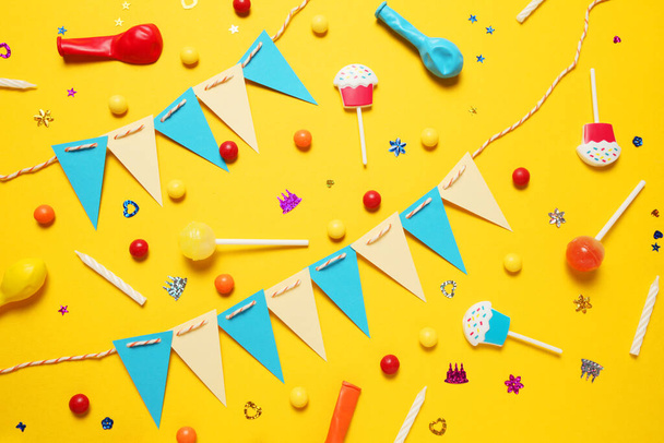 Minimal happy birthday decor for party. Sweet candy, balloons, straw. - Photo, image