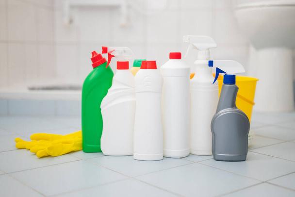washing disinfectants for cleaning in bottles in the bathroom - Photo, Image