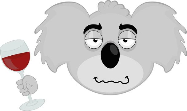 Vector illustration of the face of a drunken koala cartoon with a glass of wine in hand - Vecteur, image