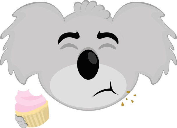 Vektorillustration des Gesichts eines Koala-Cartoons, der einen Cupcake oder Muffin isst - Vektor, Bild