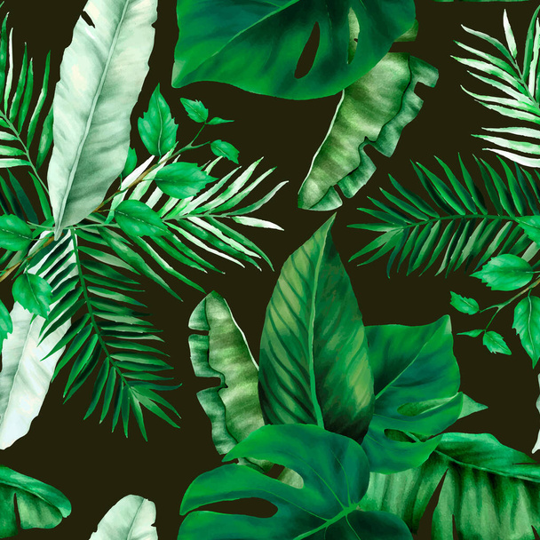 Elegant green tropical leaves watercolor seamless pattern - ベクター画像