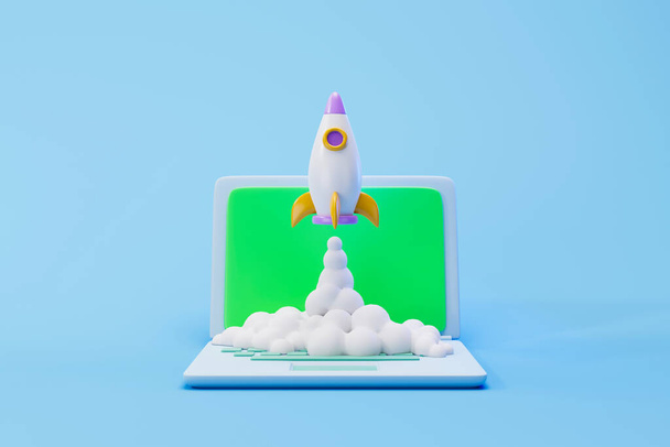Lançamento de foguetes no laptop, ícone de foguete voador, conceito de projeto de inicialização de negócios. ilustração 3d - Foto, Imagem