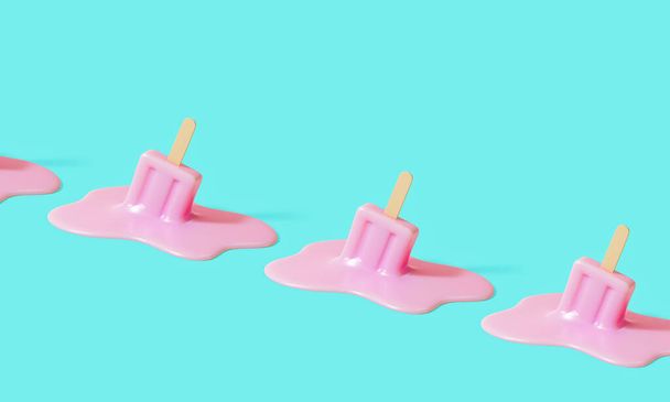Pattern pink stick ice cream melting on pastel blue background. Creative summer. 3d illustration - Fotoğraf, Görsel