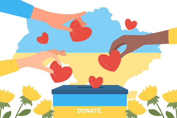 Ruce lidí dávají rudá srdce dárcovské krabici s ukrajinskou vlajkou. Výběr peněz dobrovolníky na pomoc Ukrajině ploché vektorové ilustrace. Podpora, humanitární pomoc, koncepce filantropie - Vektor, obrázek