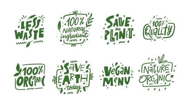 Sticker lettering phrases set template. Nature, vegan and eco quotes collection. Green color typography text. - Vektor, Bild