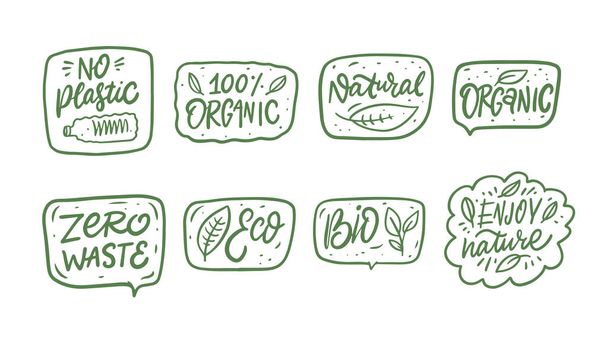Eco food and organic eat lettering phrases set. Hand drawn green color text. Vector doodle illustration. - Vecteur, image