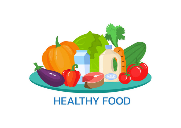 Flat design banner. Health food concept isolated on white background. Vector illustration for web design, marketing, graphic design. - Vector, Image