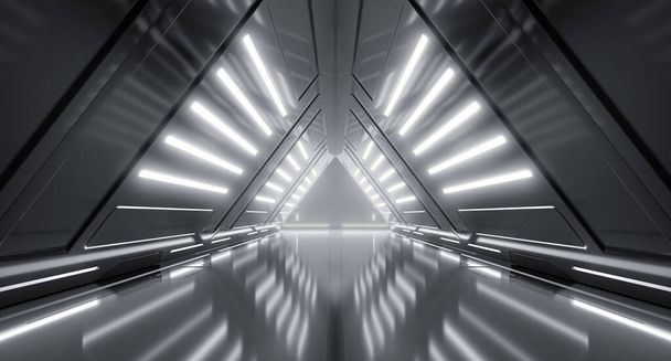 Futuristický kybernetický tunel, design interiéru chodby Sci Fi Dark Lights. Trojúhelníkové kovové konstrukce Koncepce budoucnosti. 3D vykreslování - Fotografie, Obrázek