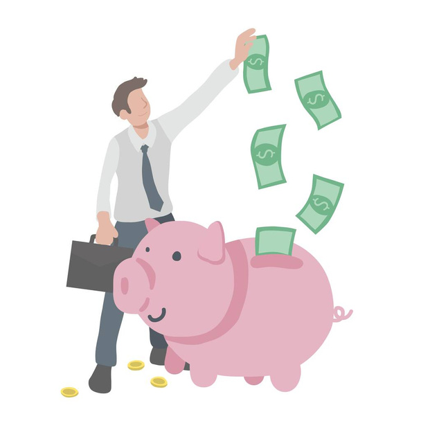 Biznes człowiek oszczędzania pieniędzy w świnka bank wektor ilustracji monety, Koncepcja biznesu - Wektor, obraz