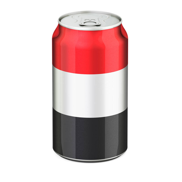 Yemeni flag painted on the drink metallic can. 3D rendering isolated on white background - Fotó, kép