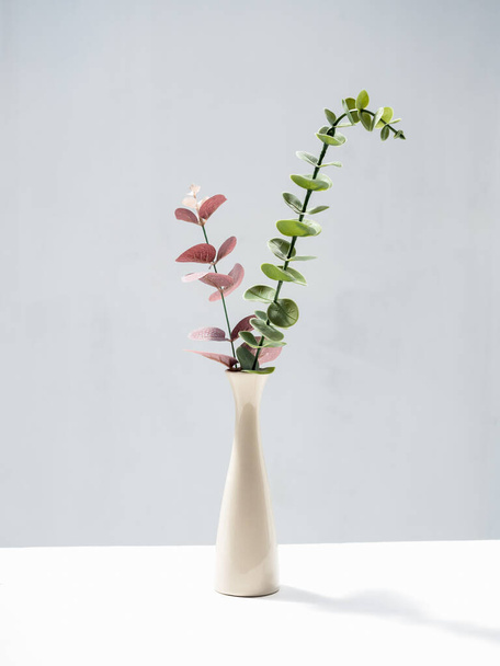 Home interior elegant floral vase decor, soft white composition. Beautiful pink and green leaves branches in white tall vase on white wall background, vertical, minimal style. - Фото, изображение