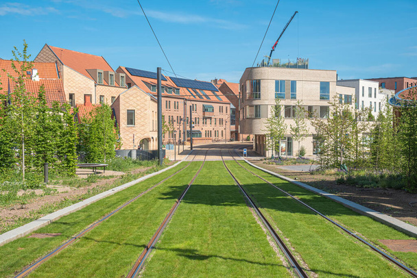 Ślady tramwaju lub trolejbusu na drodze z zieloną trawą. Elektryczna sieć transportu publicznego w centrum Odense, Dania, Europa  - Zdjęcie, obraz