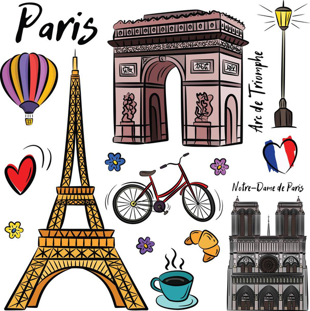 Zestaw ręcznie rysowanych francuskich ikon, Paryż w stylu vintage. Francja, wieża Eiffla i budynki. Wektorowe elementy bazgrołów, izolowane elementy krajowe wykonane w wektorze. - Wektor, obraz