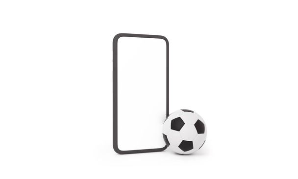 Fotbalový míč vedle obrazovky smartphone na izolovaném bílém pozadí. on-line sázení koncept. 3D vykreslování. - Fotografie, Obrázek