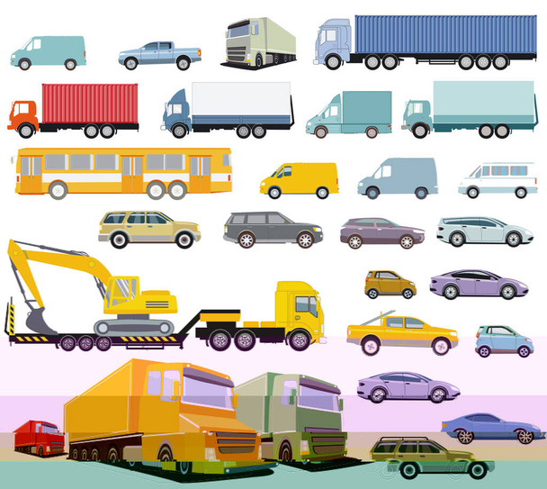 Collection of truck and passenger car, bus and van, cut out isolated, illustration - Vector, Image