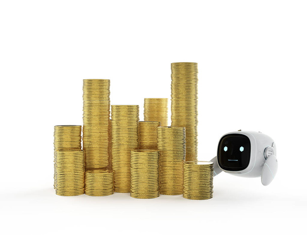 Concetto di tecnologia finanziaria con il rendering 3D piccolo robot con pila di monete d'oro - Foto, immagini