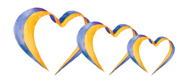 Вид сверху синей и желтой ленты в форме сердца на белом фоне с пространством для копирования - Фото, изображение