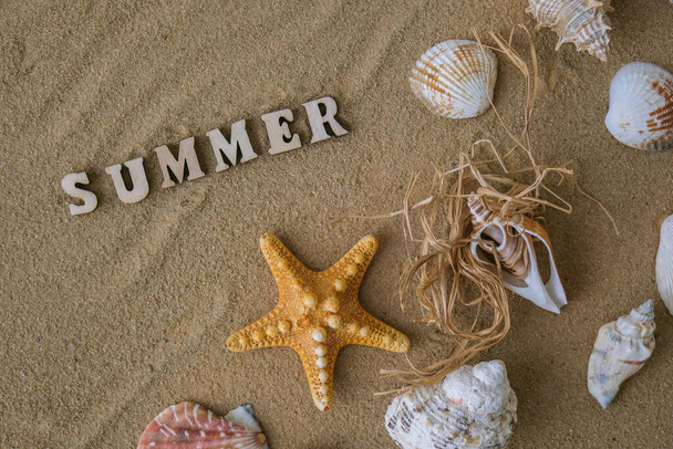 テキストとの組成夏の貝殻、小石、砂の背景にモックアップ。ブランク、トップビュー、まだ人生、フラットレイアウト。海の休暇旅行のコンセプト観光やリゾート。夏休み - 写真・画像