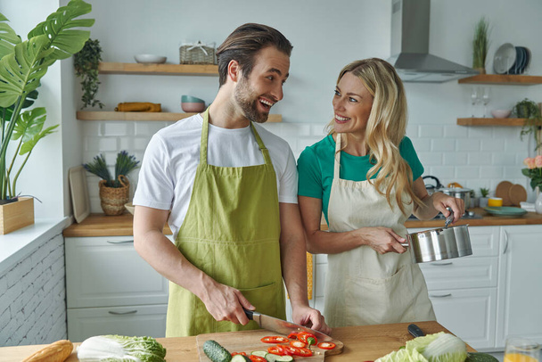 Beautiful young couple cooking together at the domestic kitchen - 写真・画像