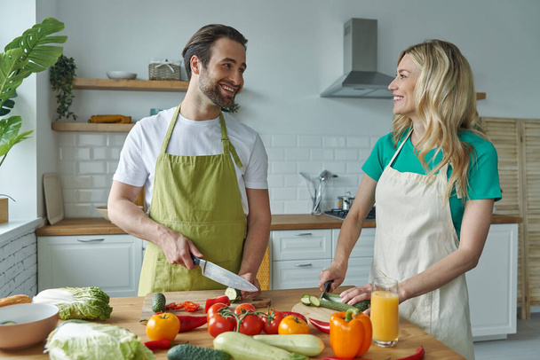 Beautiful young couple chopping vegetables at the domestic kitchen - Valokuva, kuva