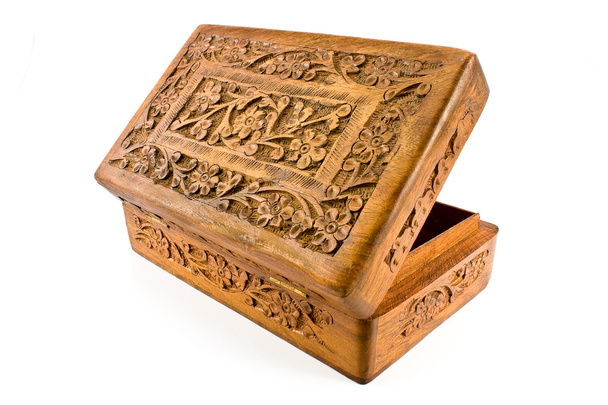 Caixão de madeira aberto com tampa esculpida da Índia
 - Foto, Imagem