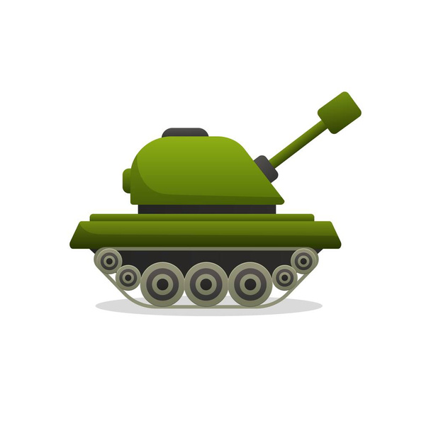 Green toy tank. Armored vehicle of war on tracks with cannon raised combat vehicle for conflict vector game - Vector, Image