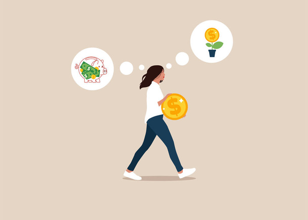 Businesswoman holding a big coin and choose between saving or investment. Saving and investing money.  - Vector, Image